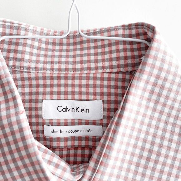 Calvin Klein Mens Slim Fit Collared Dress Shirt Checked Gray Pink Size Medium - Picture 8 of 9